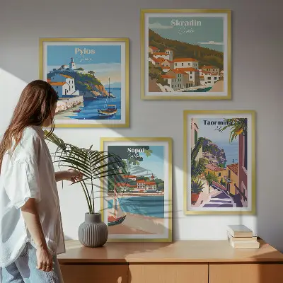 Nadmorskie miasta ilustracje poliptyk w ramie