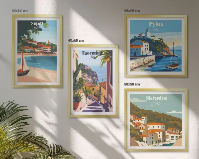 Nadmorskie miasta ilustracje poliptyk w ramie