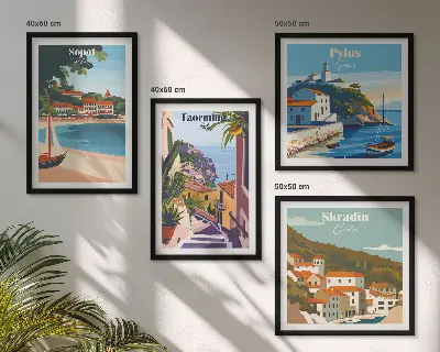 Nadmorskie miasta ilustracje poliptyk w ramie