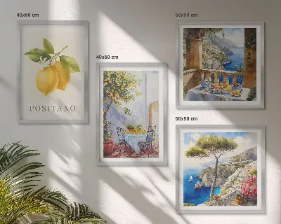 Zestaw 4 obrazów w ramie przedstawiających widoki Positano z motywem cytryn i architektury