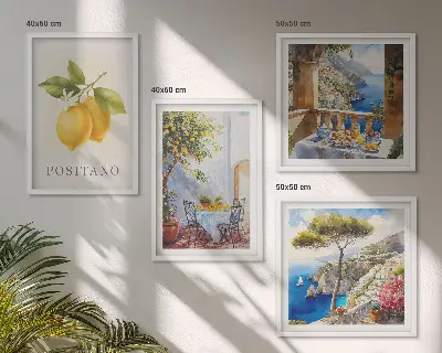Zestaw 4 obrazów w ramie przedstawiających widoki Positano z motywem cytryn i architektury