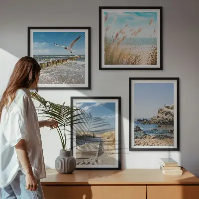 Zestaw obrazów dekoracyjnych plaża z drewnianą ścieżką i klifami