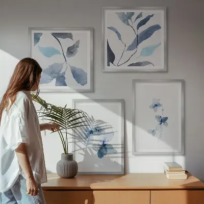 Minimalistyczne kwiaty błękit zestaw 4 obrazów w ramie