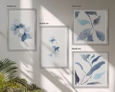 Minimalistyczne kwiaty błękit zestaw 4 obrazów w ramie