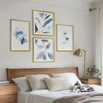 Minimalistyczne kwiaty błękit zestaw 4 obrazów w ramie