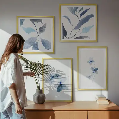 Minimalistyczne kwiaty błękit zestaw 4 obrazów w ramie