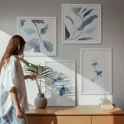 Minimalistyczne kwiaty błękit zestaw 4 obrazów w ramie