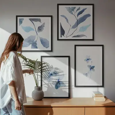 Minimalistyczne kwiaty błękit zestaw 4 obrazów w ramie