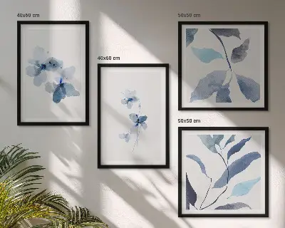 Minimalistyczne kwiaty błękit zestaw 4 obrazów w ramie