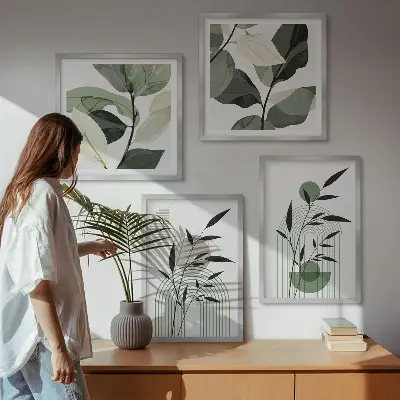 Zestaw 4 obrazów w ramie z motywem roślinnych kompozycji w stylu boho