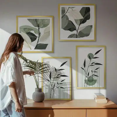 Zestaw 4 obrazów w ramie z motywem roślinnych kompozycji w stylu boho