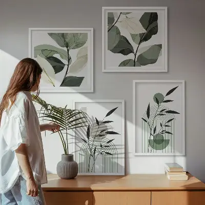 Zestaw 4 obrazów w ramie z motywem roślinnych kompozycji w stylu boho