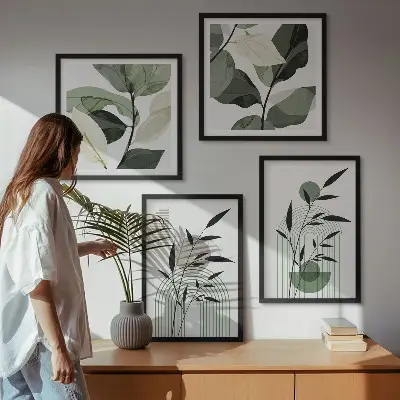 Zestaw 4 obrazów w ramie z motywem roślinnych kompozycji w stylu boho