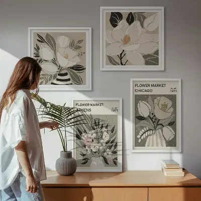 Zestaw 4 obrazów w ramie kwiatowe motywy w stylu retro z różnych miast