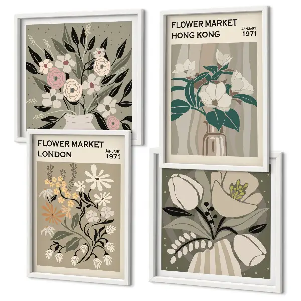 Poliptyk w ramie z motywem kwiatowych ilustracji Londyn i Hongkong
