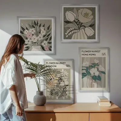 Poliptyk w ramie z motywem kwiatowych ilustracji Londyn i Hongkong
