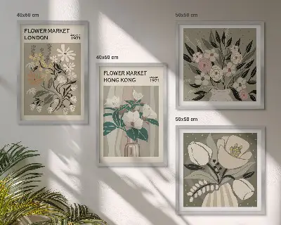 Poliptyk w ramie z motywem kwiatowych ilustracji Londyn i Hongkong