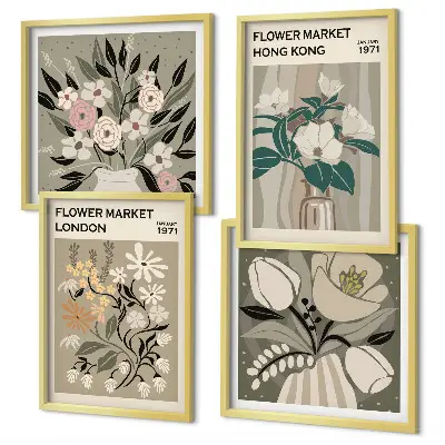 Poliptyk w ramie z motywem kwiatowych ilustracji Londyn i Hongkong