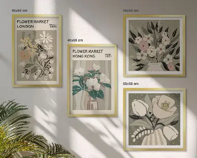 Poliptyk w ramie z motywem kwiatowych ilustracji Londyn i Hongkong