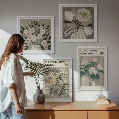 Poliptyk w ramie z motywem kwiatowych ilustracji Londyn i Hongkong