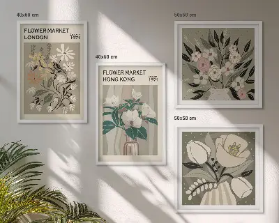 Poliptyk w ramie z motywem kwiatowych ilustracji Londyn i Hongkong