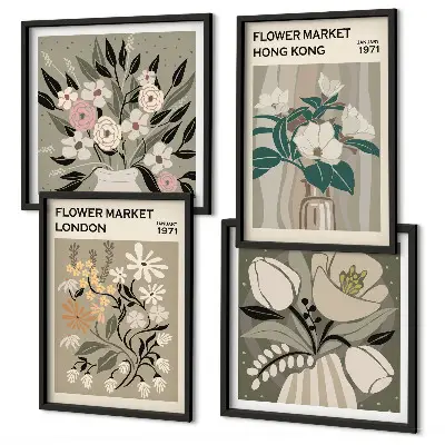 Poliptyk w ramie z motywem kwiatowych ilustracji Londyn i Hongkong