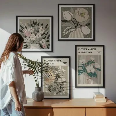 Poliptyk w ramie z motywem kwiatowych ilustracji Londyn i Hongkong