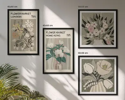 Poliptyk w ramie z motywem kwiatowych ilustracji Londyn i Hongkong