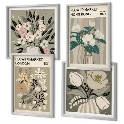 Poliptyk w ramie z motywem kwiatowych ilustracji Londyn i Hongkong