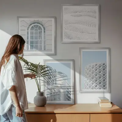 Zestaw 4 obrazów w ramie nowoczesna architektura z motywem geometrii
