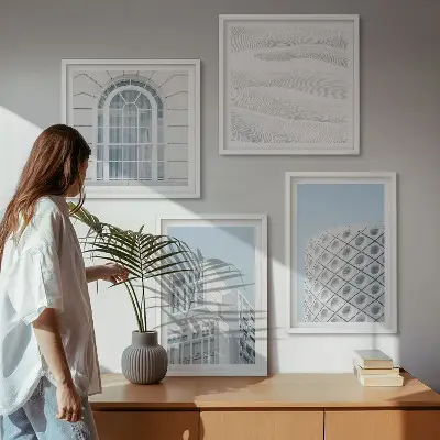 Zestaw 4 obrazów w ramie nowoczesna architektura z motywem geometrii