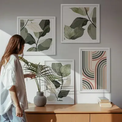 Roślinne motywy geometryczne zestaw 4 obrazów w ramie