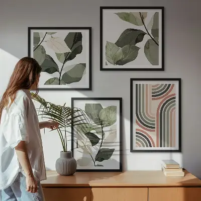 Roślinne motywy geometryczne zestaw 4 obrazów w ramie