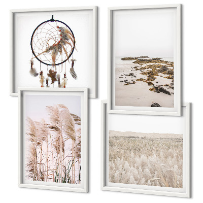 Zestaw 4 obrazów w ramie Pola trawy plaża boho styl