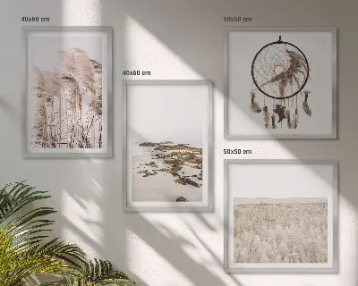 Zestaw 4 obrazów w ramie pola trawy w stylu boho nad morzem
