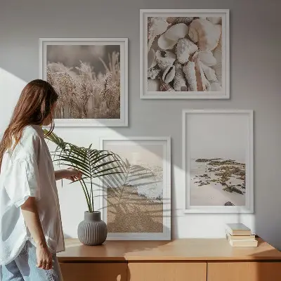 Poliptyk w ramie plażowe trawy, fale i kamienie w stylu boho