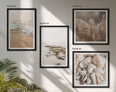 Poliptyk w ramie plażowe trawy, fale i kamienie w stylu boho