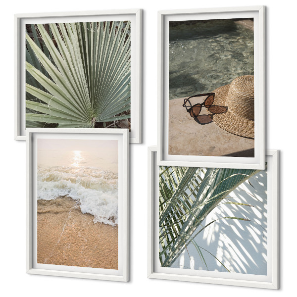 Zestaw 4 obrazów w ramie Woda plaża kapelusz okulary