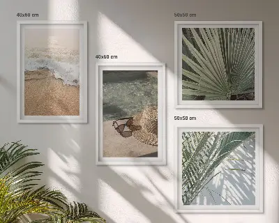 Zestaw 4 obrazów w ramie przedstawiających wodę, plażę, kapelusz i okulary