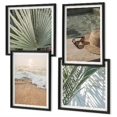 Zestaw 4 obrazów w ramie przedstawiających wodę, plażę, kapelusz i okulary