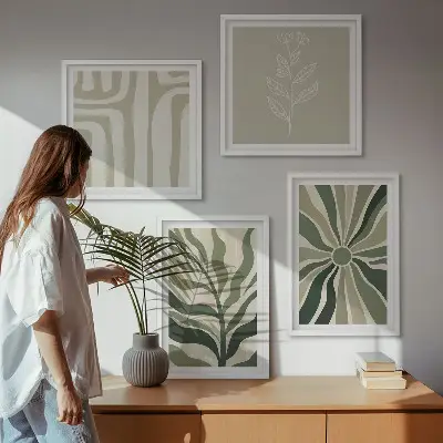 Poliptyk w ramie wzory roślinne w stylu minimalistycznym w kolorze zieleni