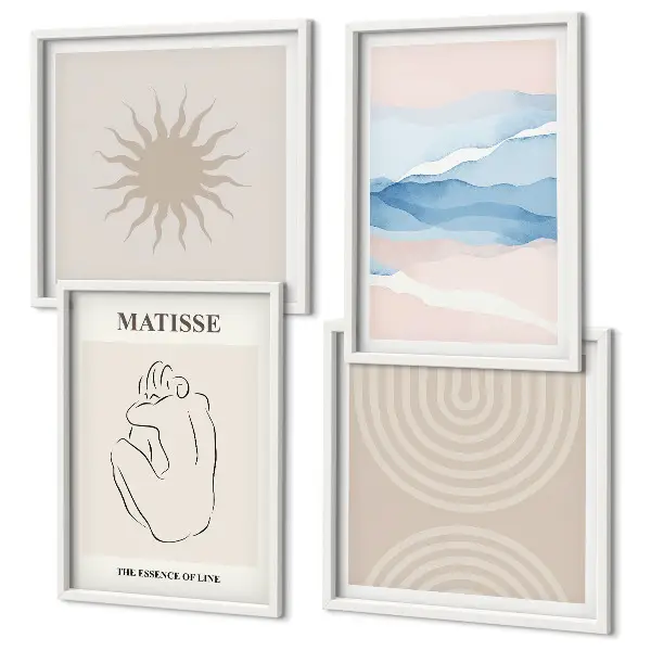 Zestaw 4 obrazów w ramie pastelowe wzory z minimalistycznymi liniami i falami
