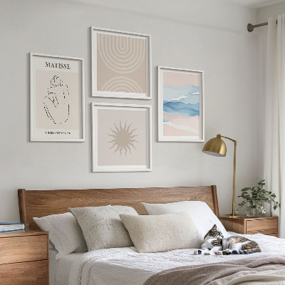 Zestaw 4 obrazów w ramie Linie fale pastel minimalistyczne