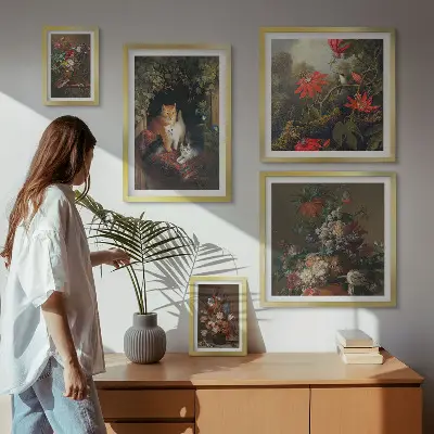 Zestaw obrazów dekoracyjnych w stylu vintage z motywem kwiatowych kotów