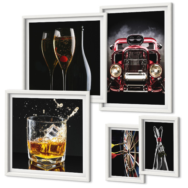 Zestaw 5 obrazów w ramie Stylowe motywy retro auta drinki