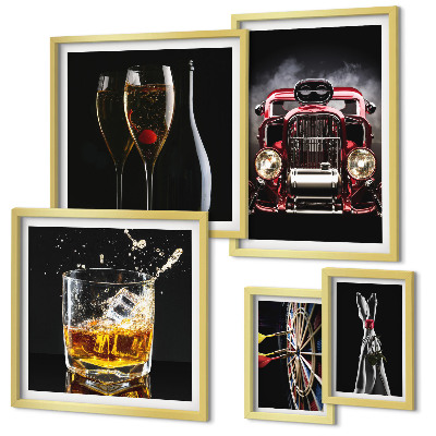 Zestaw 5 obrazów w ramie Stylowe motywy retro auta drinki