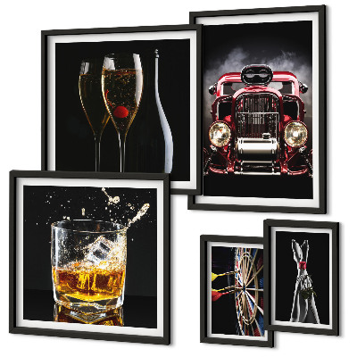 Zestaw 5 obrazów w ramie Stylowe motywy retro auta drinki