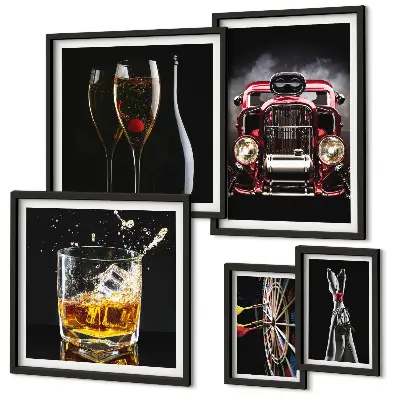 Zestaw 5 obrazów w ramie ze stylowymi motywami retro aut i drinków