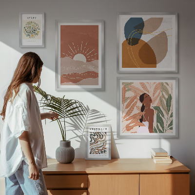 Zestaw obrazów w ramie do galerii ściennej Styl boho roślinne motywy abstrakcyjne