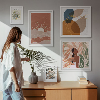 Zestaw obrazów w ramie do galerii ściennej Styl boho roślinne motywy abstrakcyjne